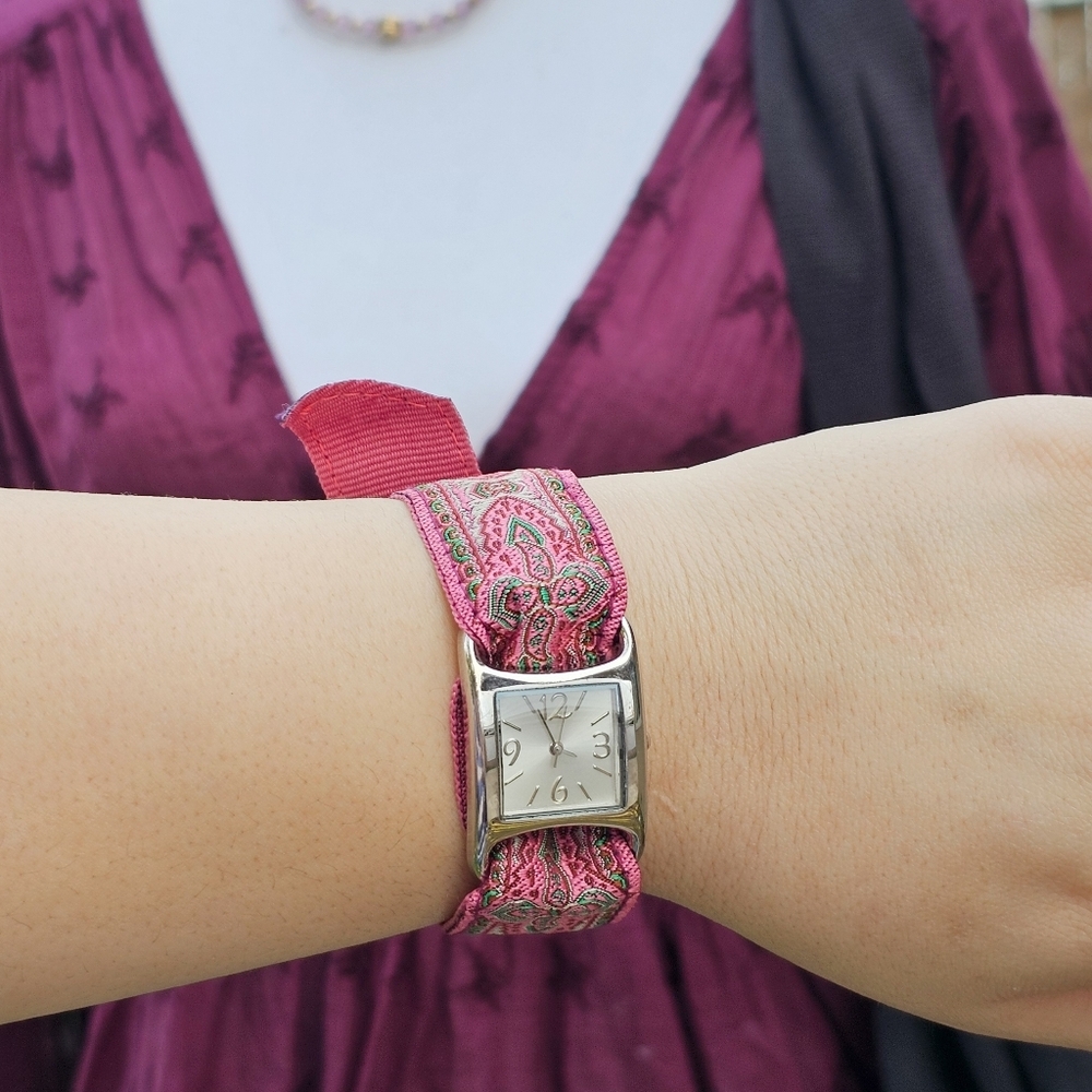 Boho Silver Square Watch w/ Pink Embroidered Adjustable Wristband
